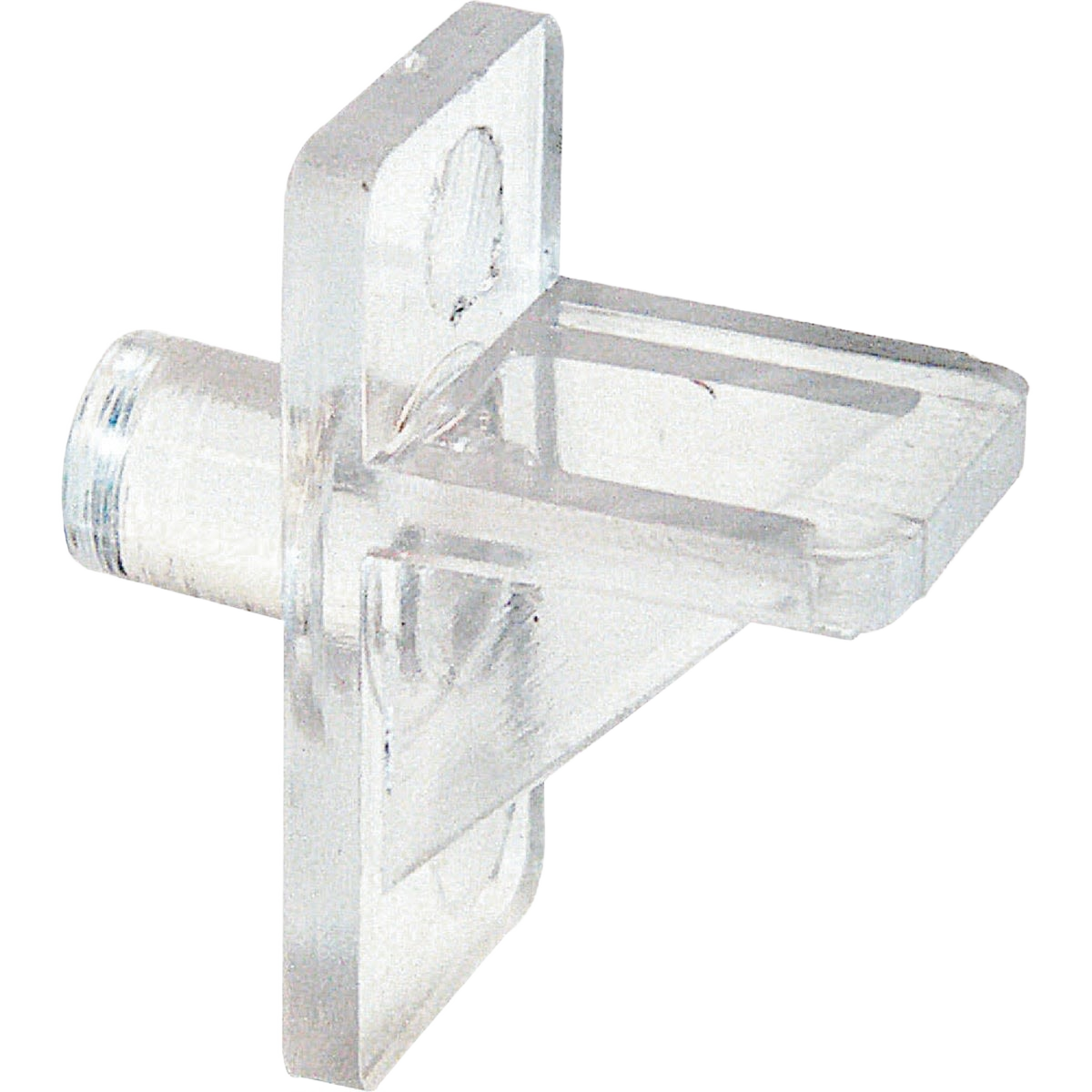 Clear plastic shelf support peg designed for secure cabinet shelving in storage and organization collections under $25