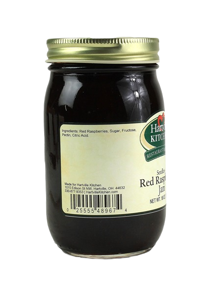 Back view of Hartville Kitchen seedless red raspberry jam jar showing ingredients and barcode in jams and jellies collection