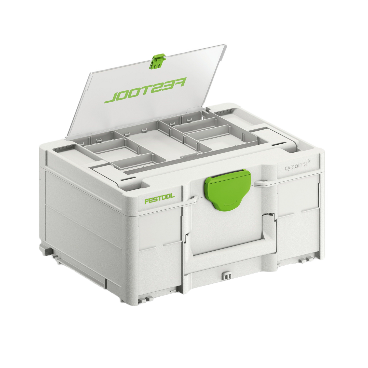 Gray and green Festool tool storage box with transparent lid compartment for organized workshop storage and mobility solutions