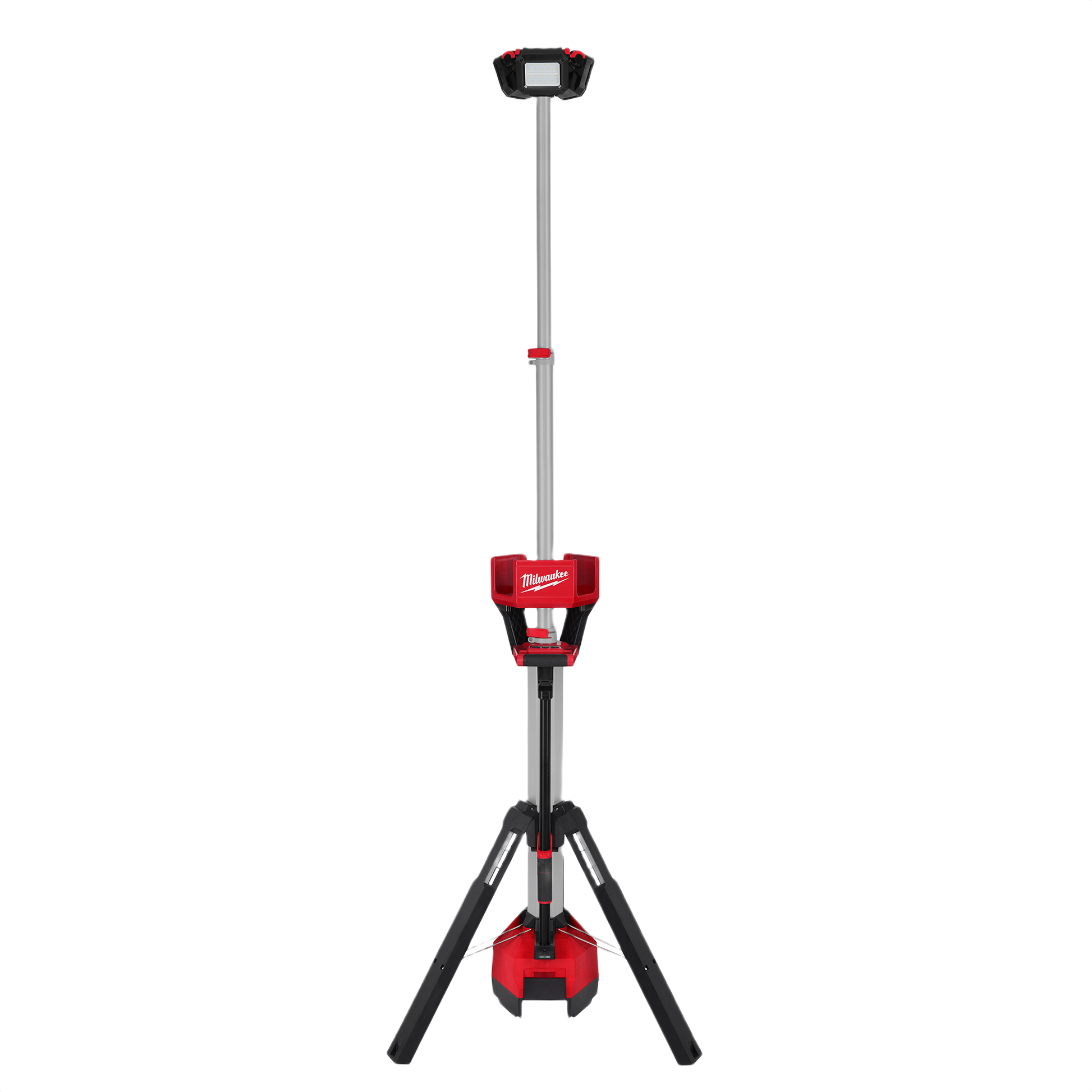 Portable red and black utility tower light with collapsible tripod stand for work lights and Milwaukee lighting collections