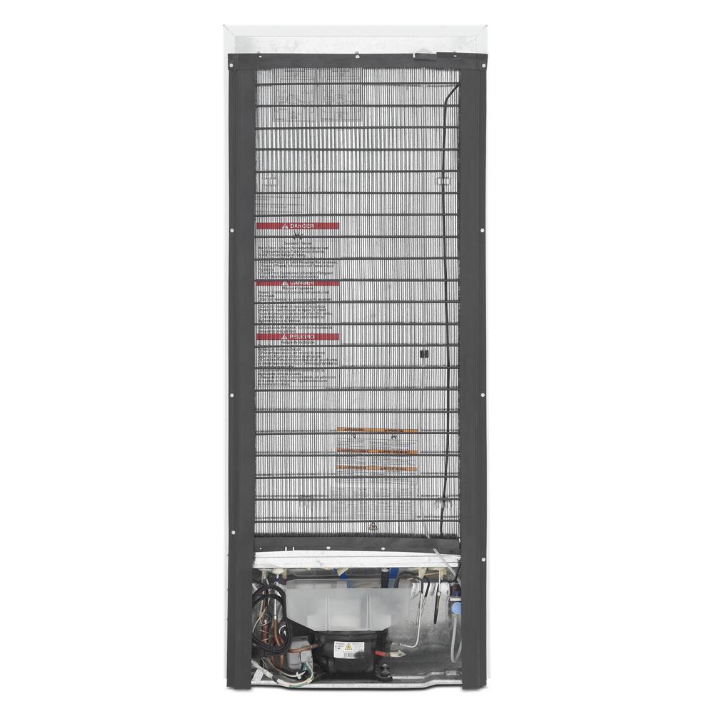 Rear view of a small space top-freezer refrigerator showing condenser coils and compressor in appliances collection