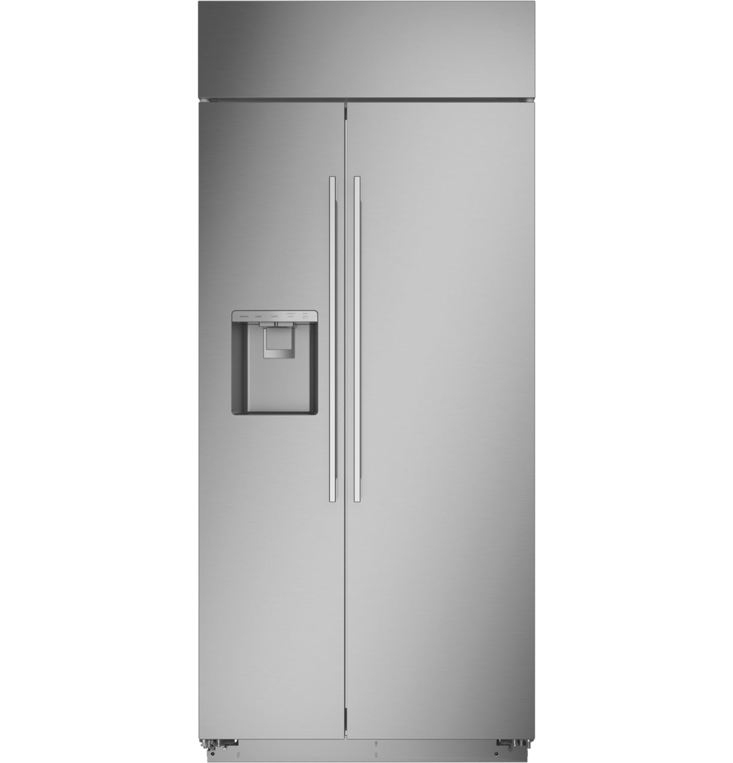 Built-in stainless steel side-by-side refrigerator with integrated water and ice dispenser in kitchen appliances collection