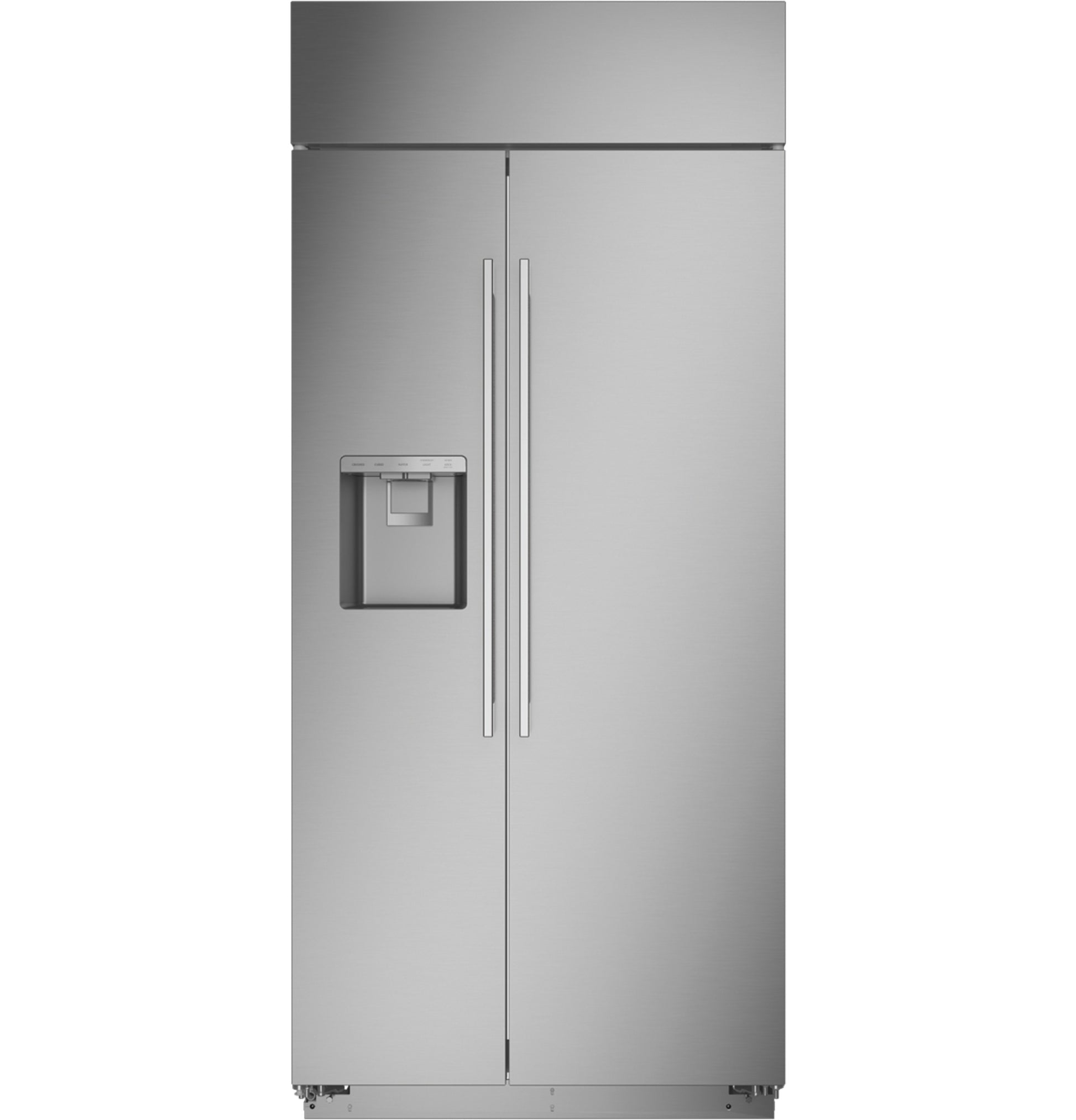 Built-in stainless steel side-by-side refrigerator with integrated water and ice dispenser in kitchen appliances collection