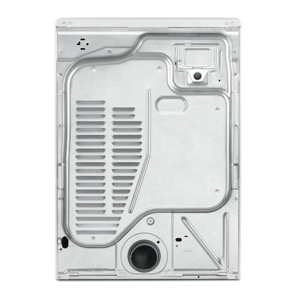 Rear metal panel of a large capacity front load electric dryer showing vent and structural details for home appliances.