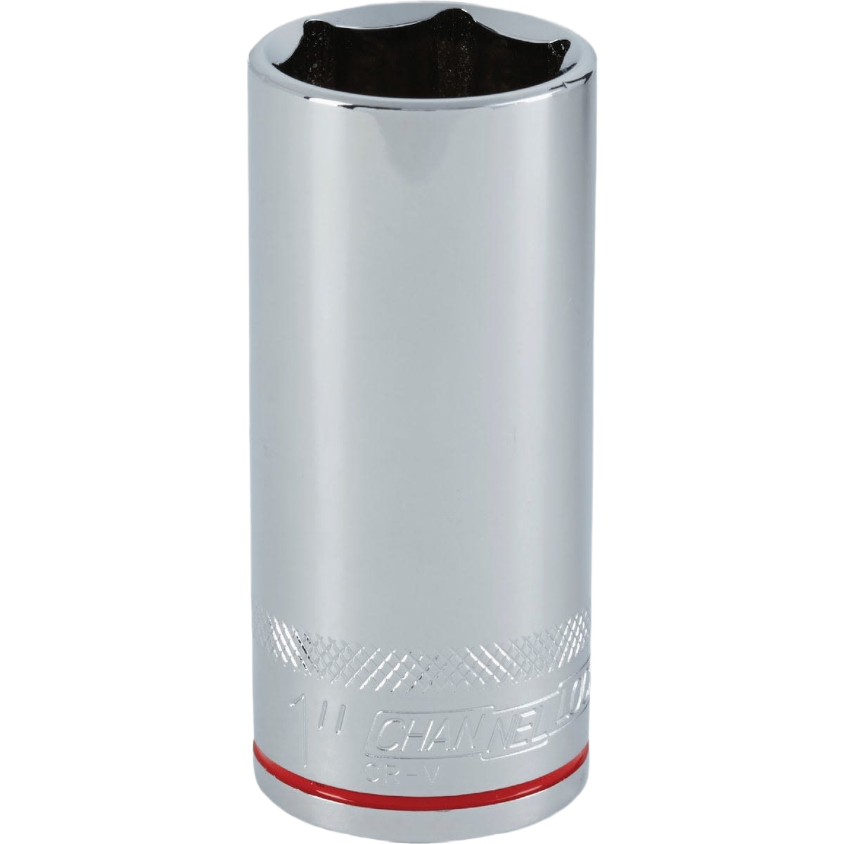 Chrome finish 1-inch 6-point deep socket with textured grip band for precise fastening in hand and woodworking tools.