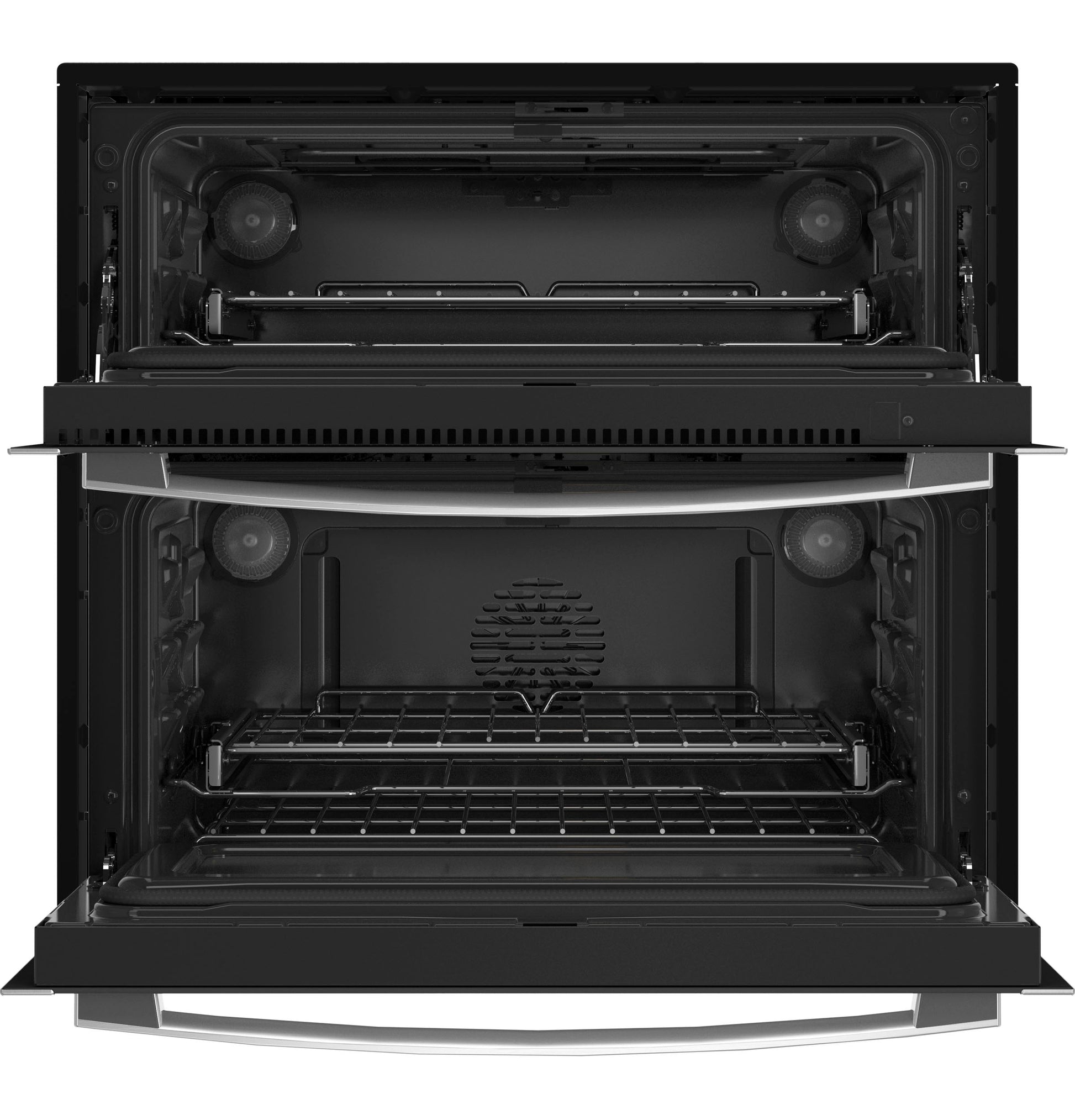 Open black built-in twin flex convection wall oven showing interior racks in wall ovens collection
