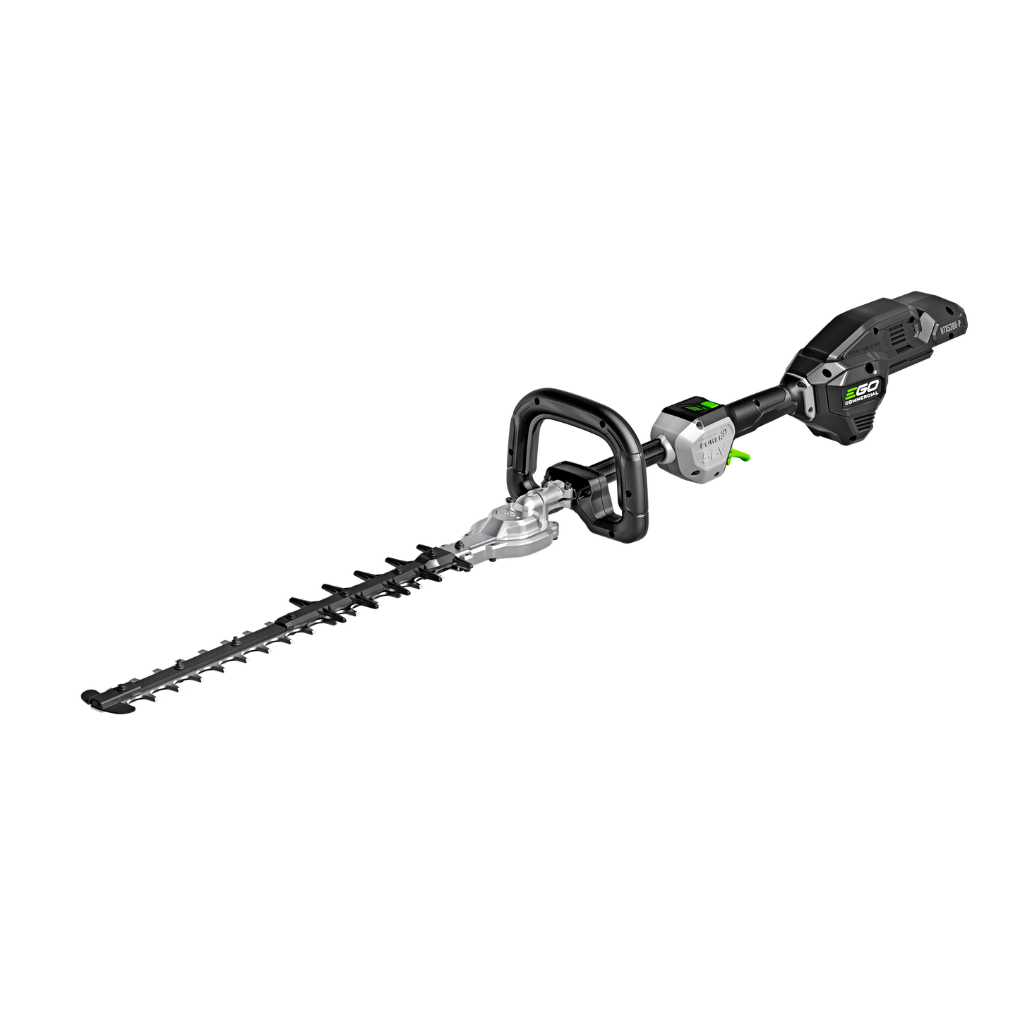 Black and silver cordless pole hedge trimmer with textured handle for precise home and garden landscaping tasks