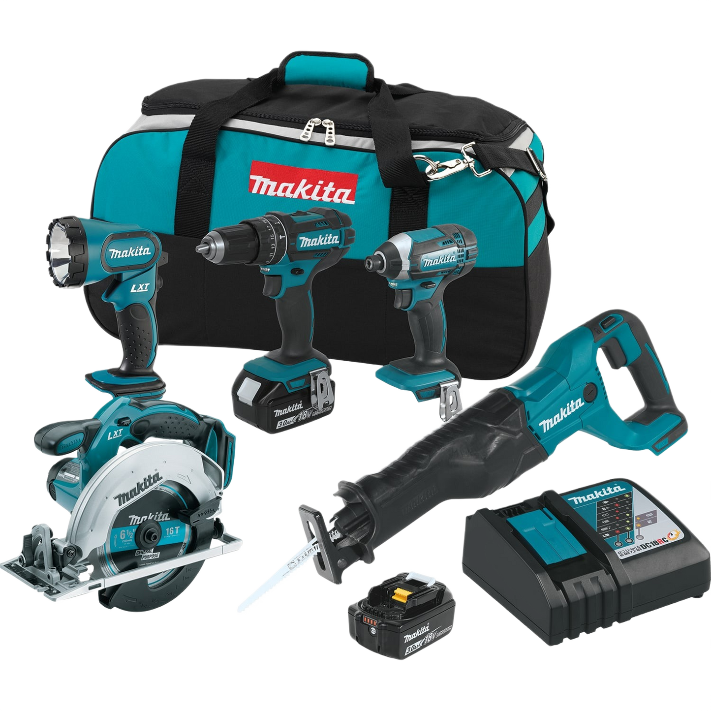 Makita cordless power tool set with drill, saw, flashlight, charger, battery, and carrying bag in combo kits collection