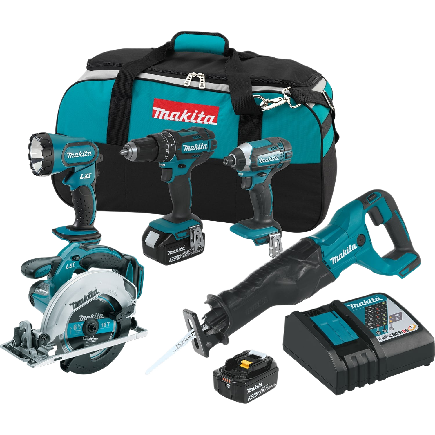 Makita cordless power tool set with drill, saw, flashlight, charger, battery, and carrying bag in combo kits collection