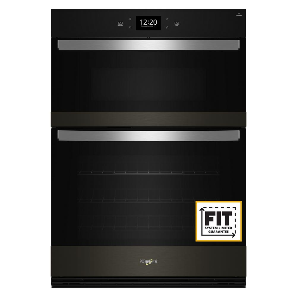 Sleek black stainless steel wall oven microwave combo with digital display and dual oven doors in kitchen appliance setting