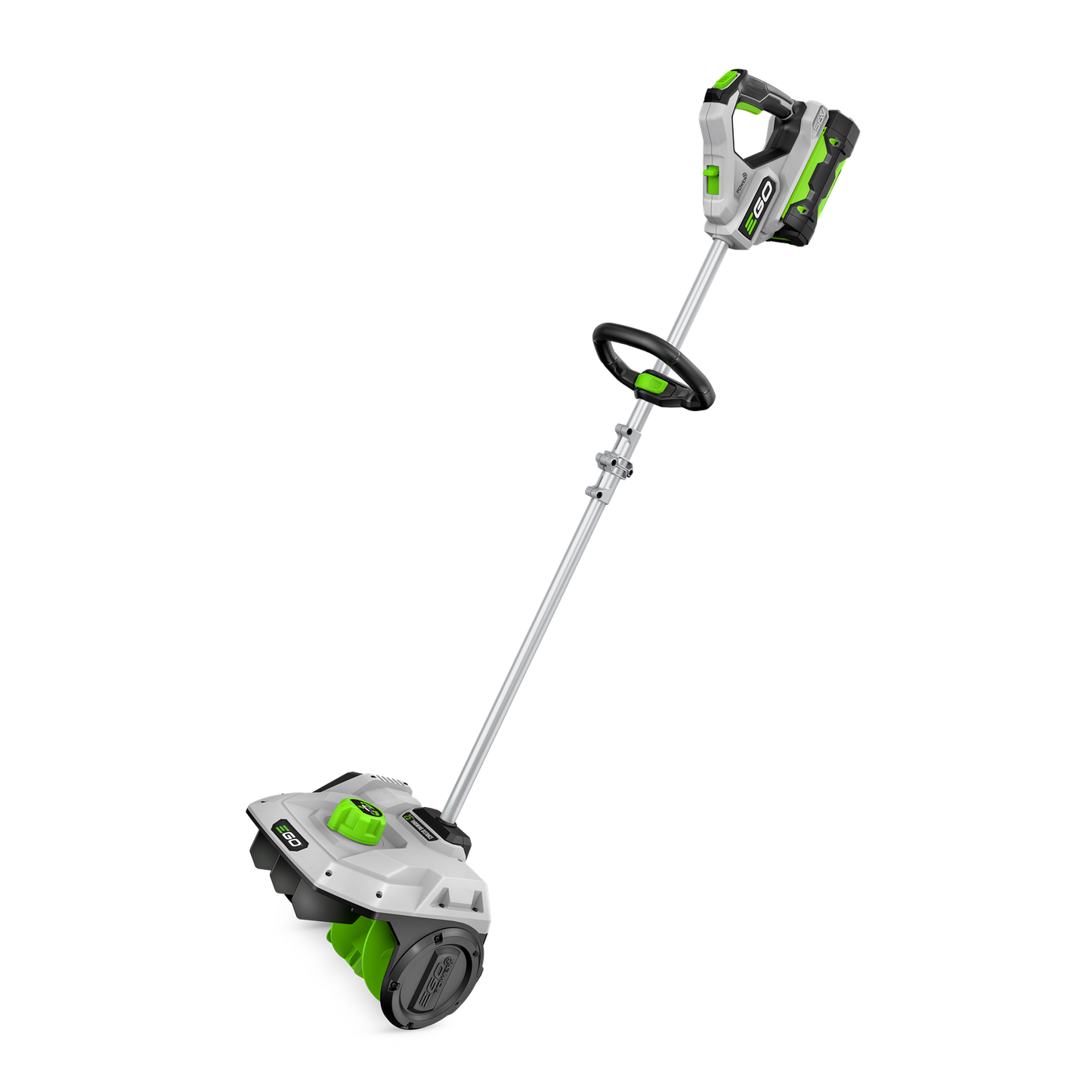 Cordless snow shovel with green accents, ergonomic grip, includes battery and charger for home improvement tasks