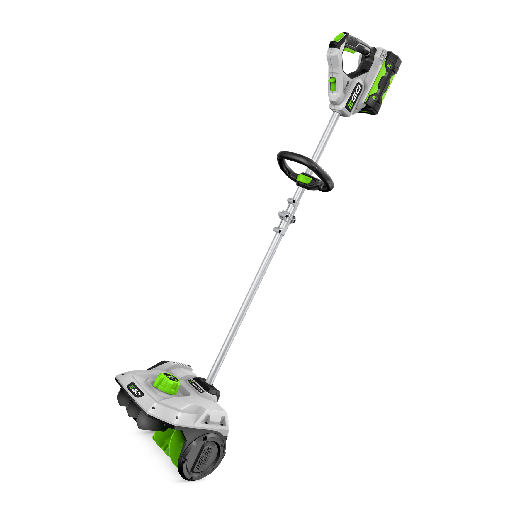 Cordless snow shovel with green accents, ergonomic grip, includes battery and charger for home improvement tasks