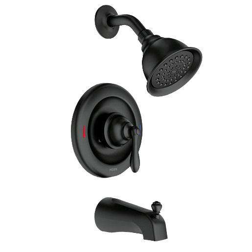 Matte black shower trim with curved showerhead, single lever handle, and tub spout for bathroom and plumbing use
