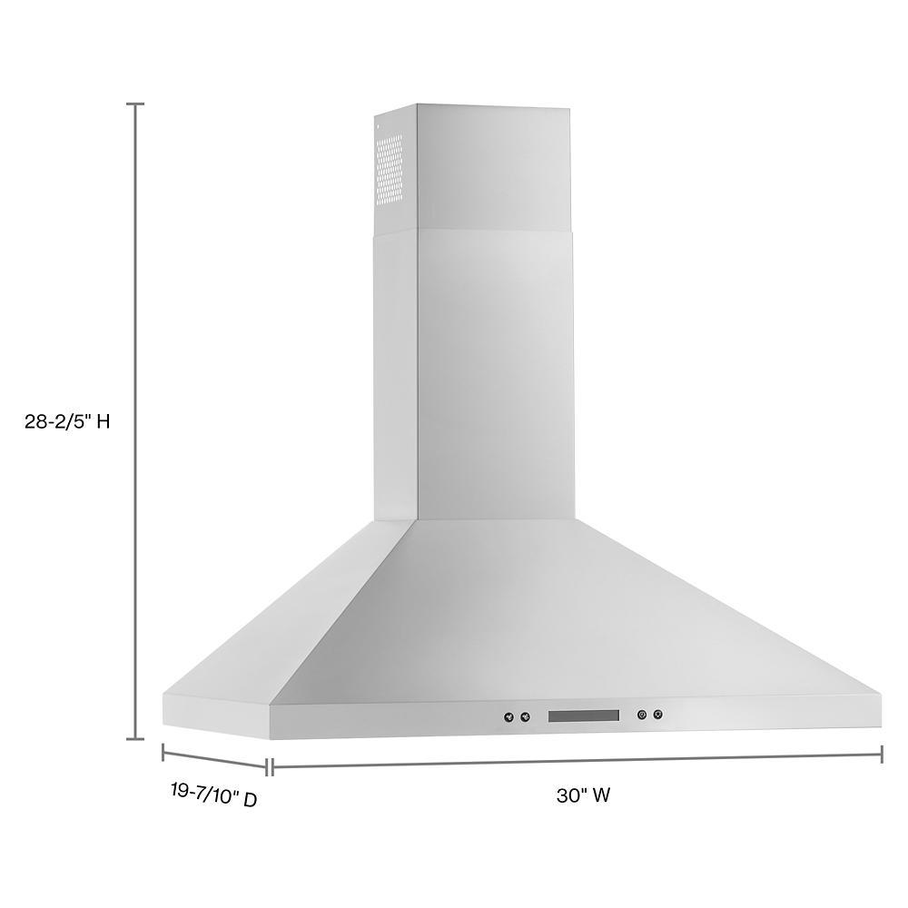 Stainless steel wall mounted range hood with digital controls and dishwasher-safe grease filters for kitchen use