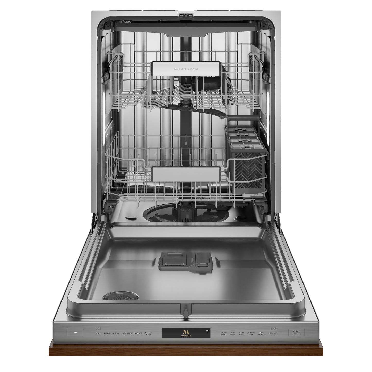 Open fully integrated stainless steel dishwasher with adjustable racks and utensil holder in kitchen appliance setting