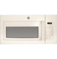 Cream-colored over-the-range microwave oven with digital control panel in kitchen appliances collection