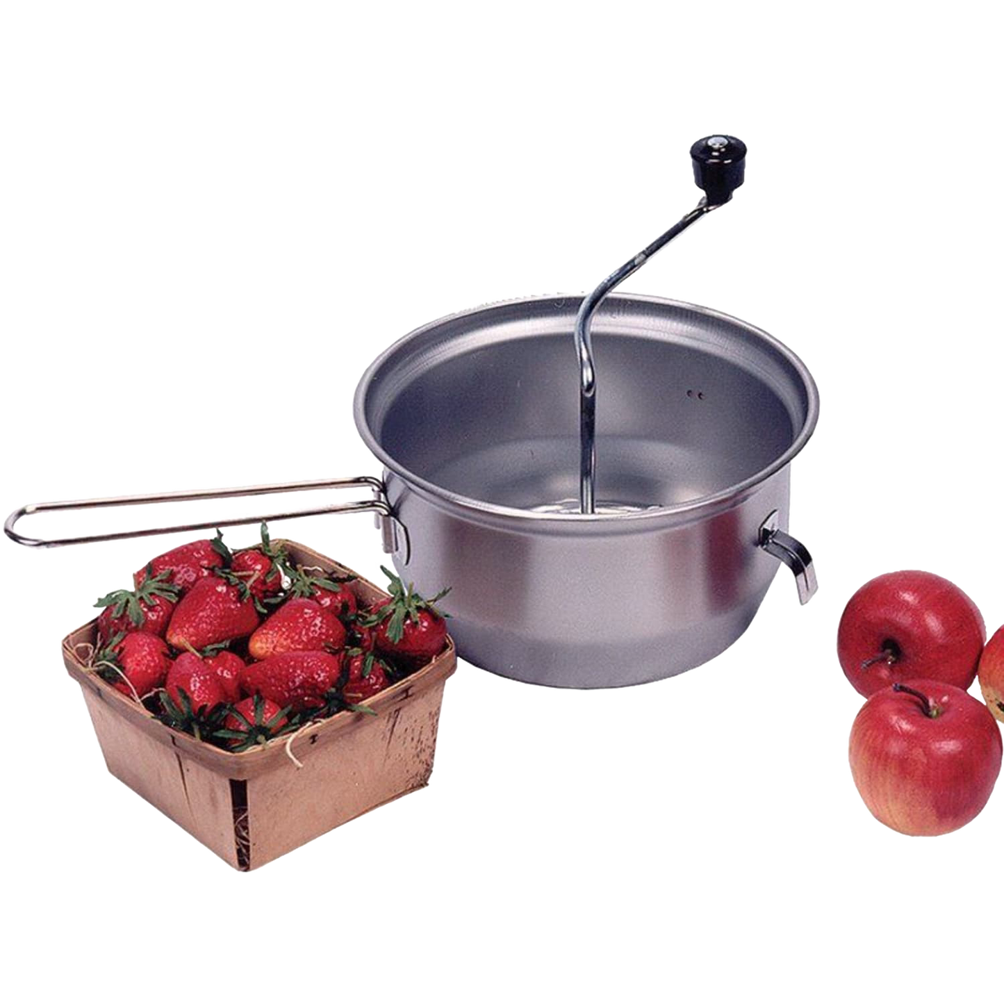 3.5 quart stainless steel food mill with hand crank, shown with fresh strawberries and apples in kitchenware collection