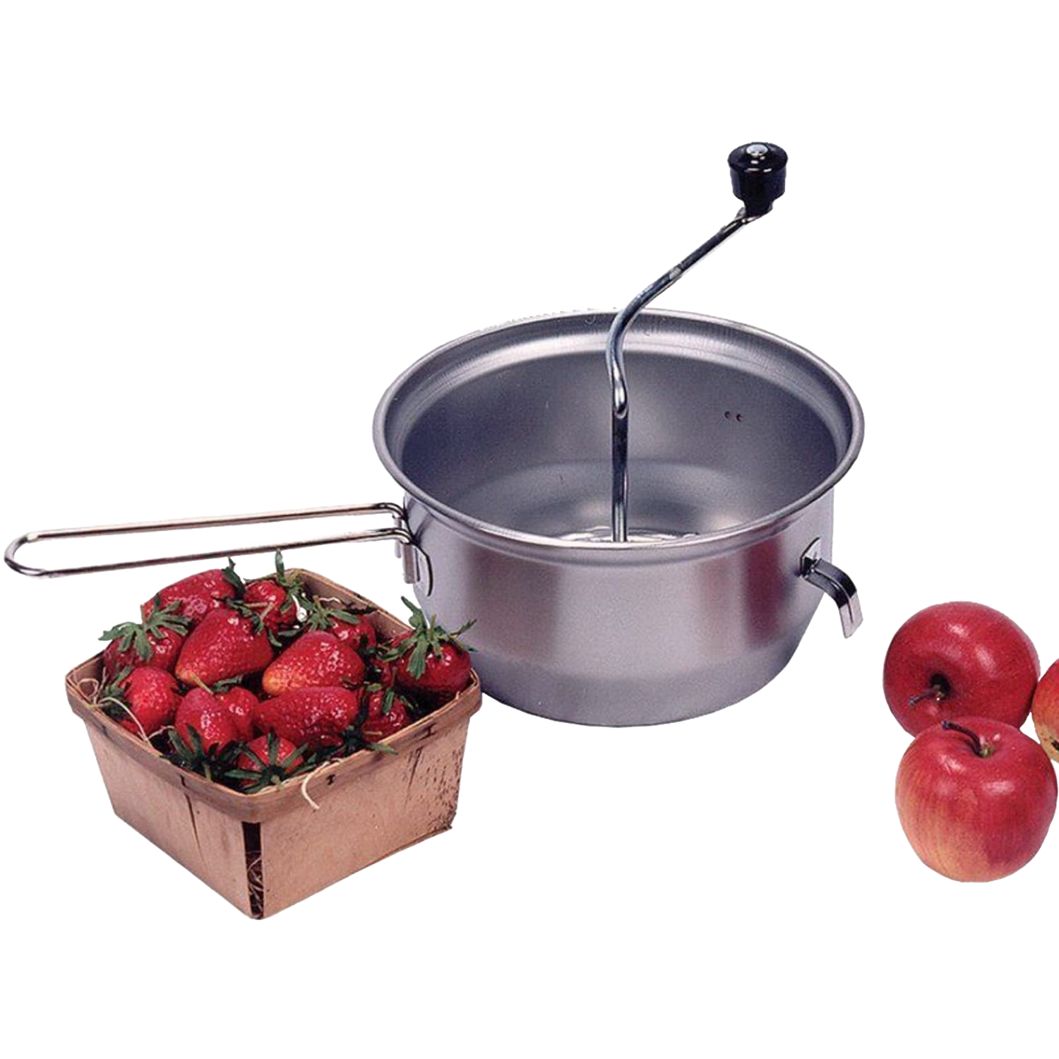 3.5 quart stainless steel food mill with hand crank, shown with fresh strawberries and apples in kitchenware collection
