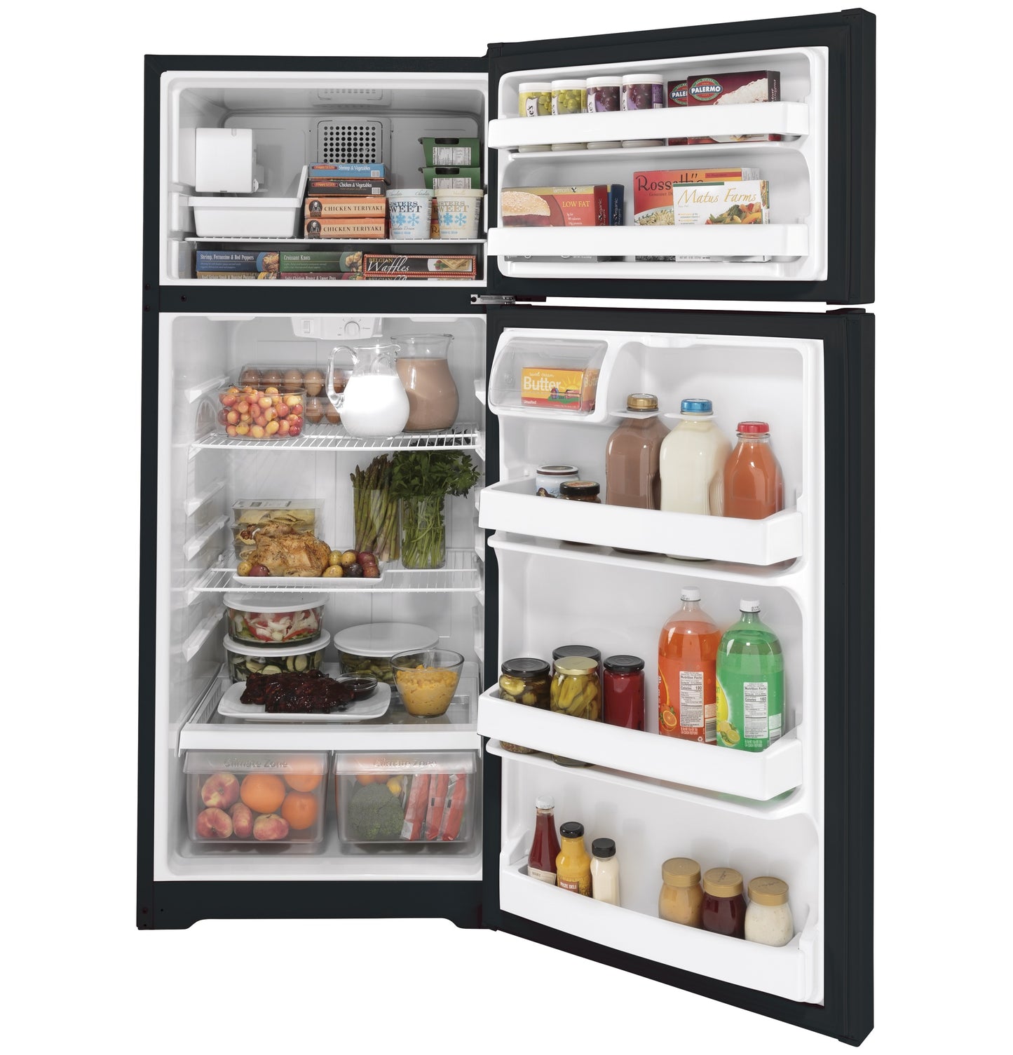 Top-freezer refrigerator in black with organized shelves stocked with food and beverages in kitchen appliances collection