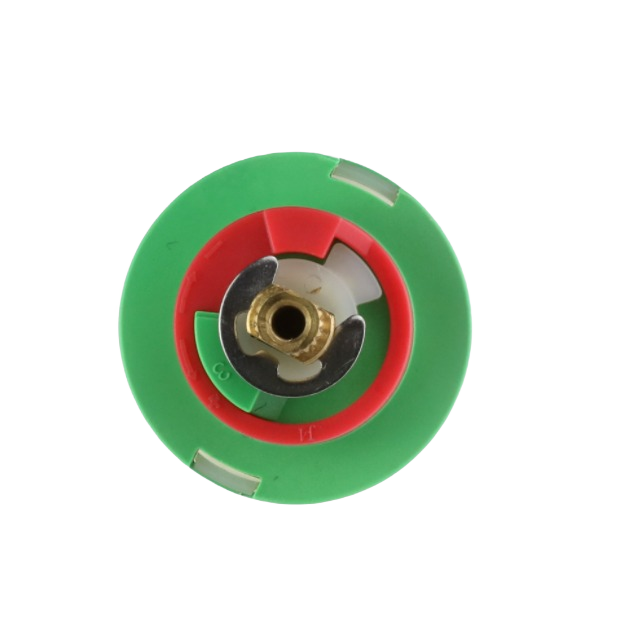 Tub shower cartridge with green and red plastic and brass center for plumbing repair and faucet replacement parts