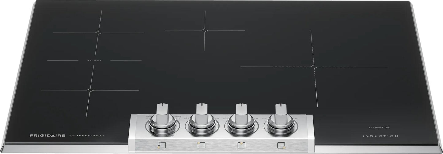 Sleek black 30-inch induction cooktop with four stainless steel control knobs, part of kitchen and cookware appliances collection