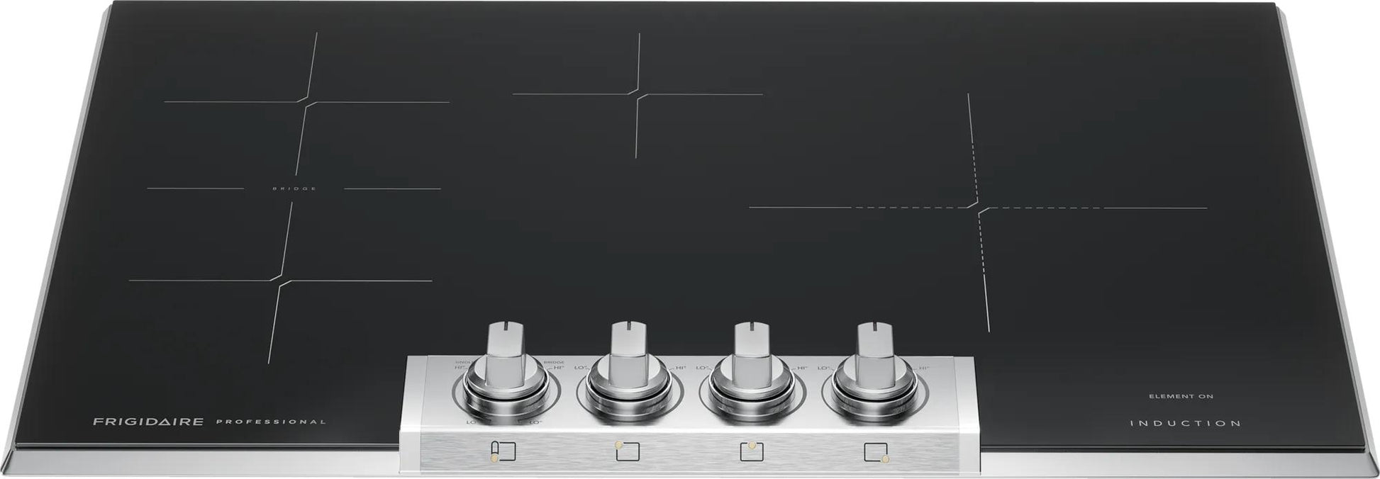 Sleek black 30-inch induction cooktop with four stainless steel control knobs, part of kitchen and cookware appliances collection