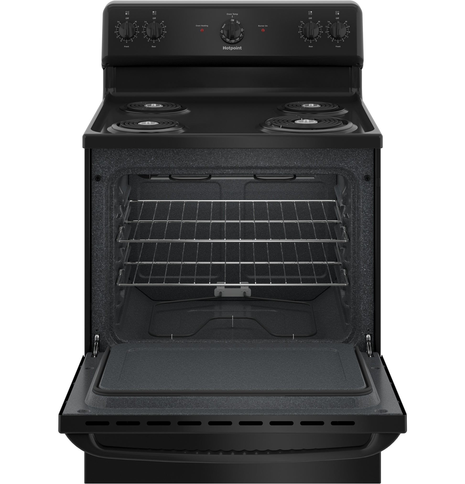 Black free-standing electric range with coil burners and open oven door in Appliances and Kitchen & Kitchenware collections