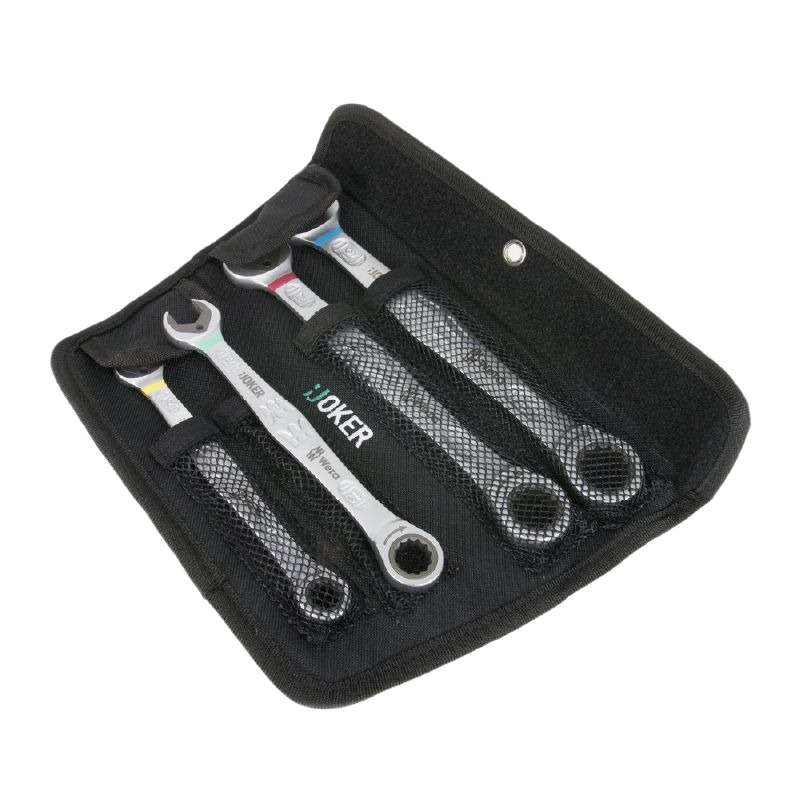 Set of four metric combination wrenches with polished finish stored in a black mesh pouch for tool organization tasks