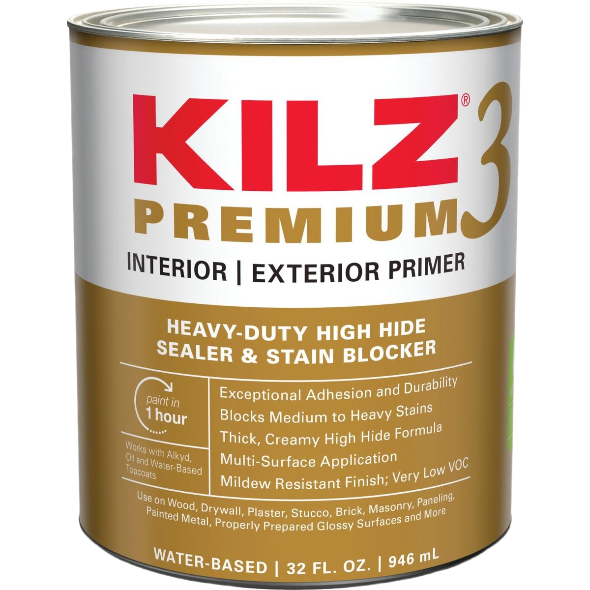 Quart can of white water-based premium interior and exterior sealer primer in paint and primer collections