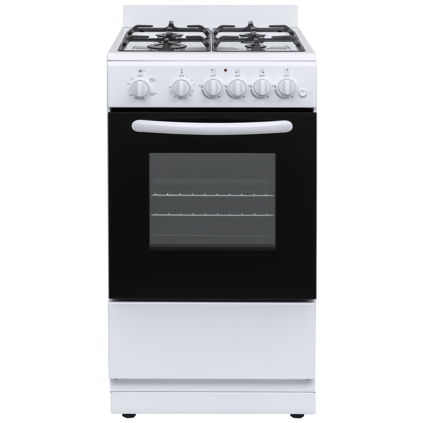 Freestanding white gas range with four burners, cast iron grates, and oven with glass door in kitchen appliances collection
