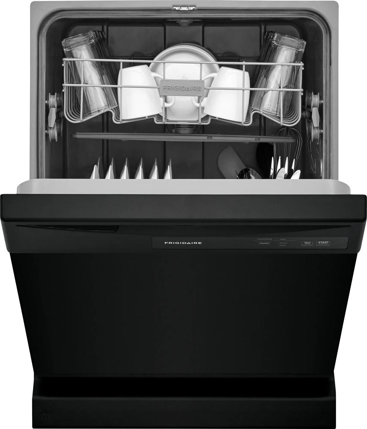 Open black dishwasher with upper rack holding cups and glasses, lower rack with plates and utensils, part of kitchen appliances