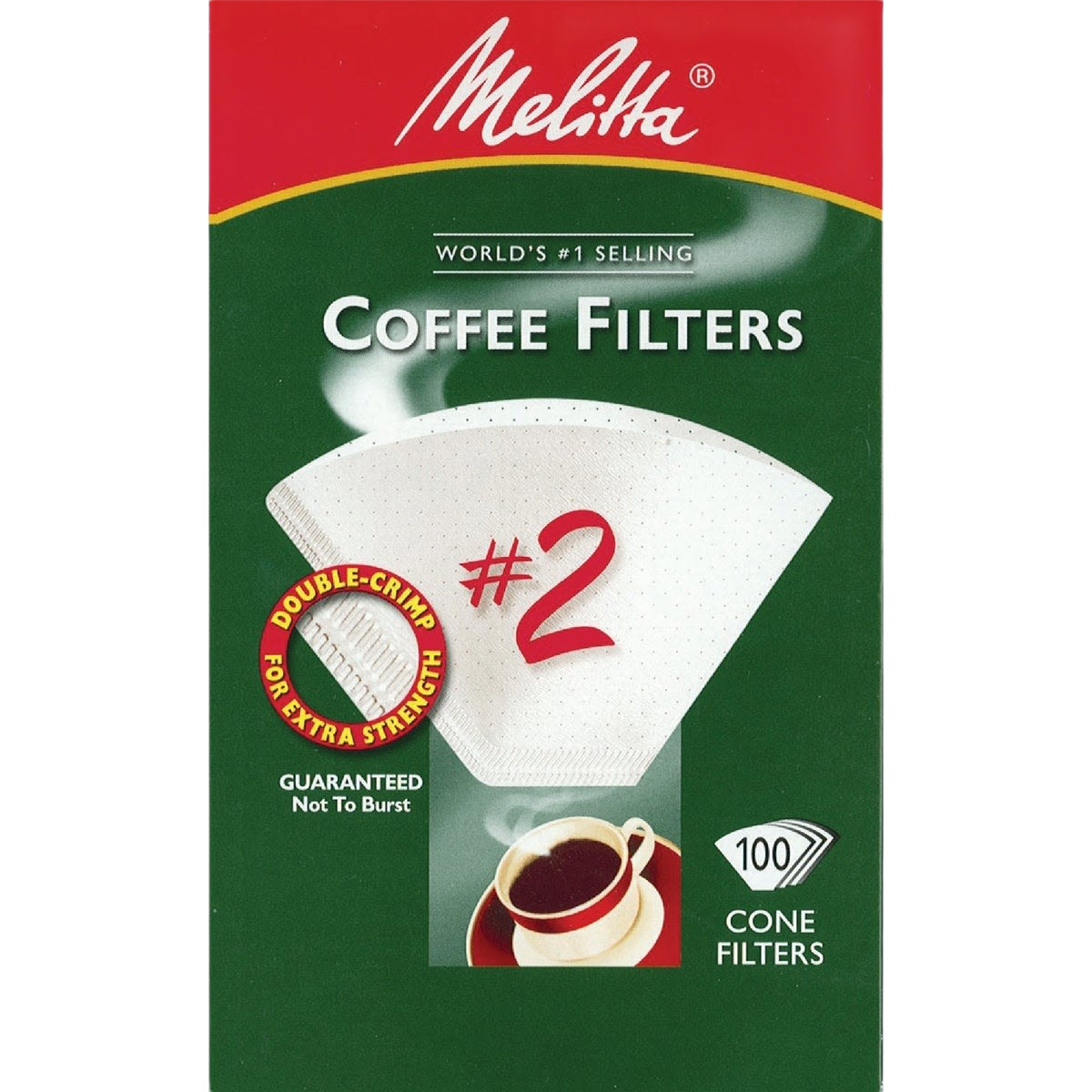 Box of Melitta #2 cone coffee filters with double-crimp for strength in kitchenware and home coffee brewing supplies collections