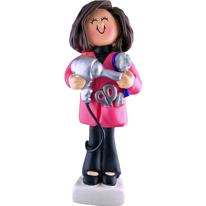 Brunette female hairdresser figurine holding silver hairdryer and scissors for Christmas tree decoration under $50 collection