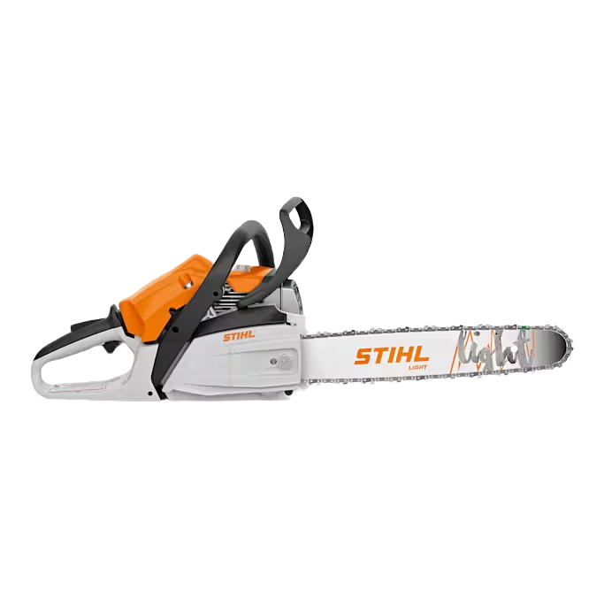 Compact gas-powered chainsaw with 16-inch bar, orange and white body, ideal for home improvement tasks