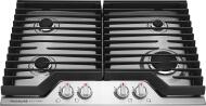 Frigidaire Gallery 30-inch gas cooktop with continuous edge-to-edge grates and stainless steel front panel in kitchen appliances collection