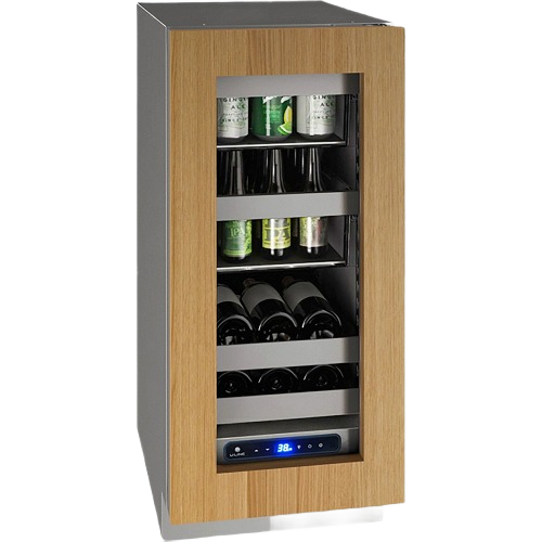 Compact beverage center with wooden frame, glass door, metal shelving, and digital temperature control for kitchen appliances collections