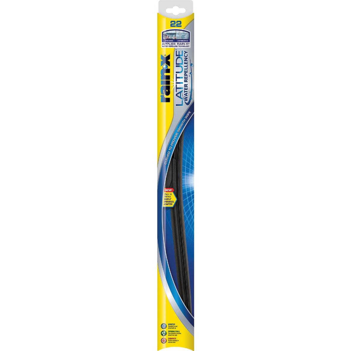 22-inch Rain-X Latitude water repellent wiper blade in branded yellow and blue retail packaging