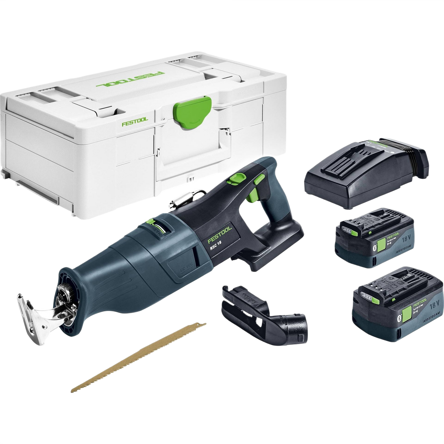 Cordless reciprocating saw kit with brushless motor, two 18V batteries, charger, and carrying case for power tool use.