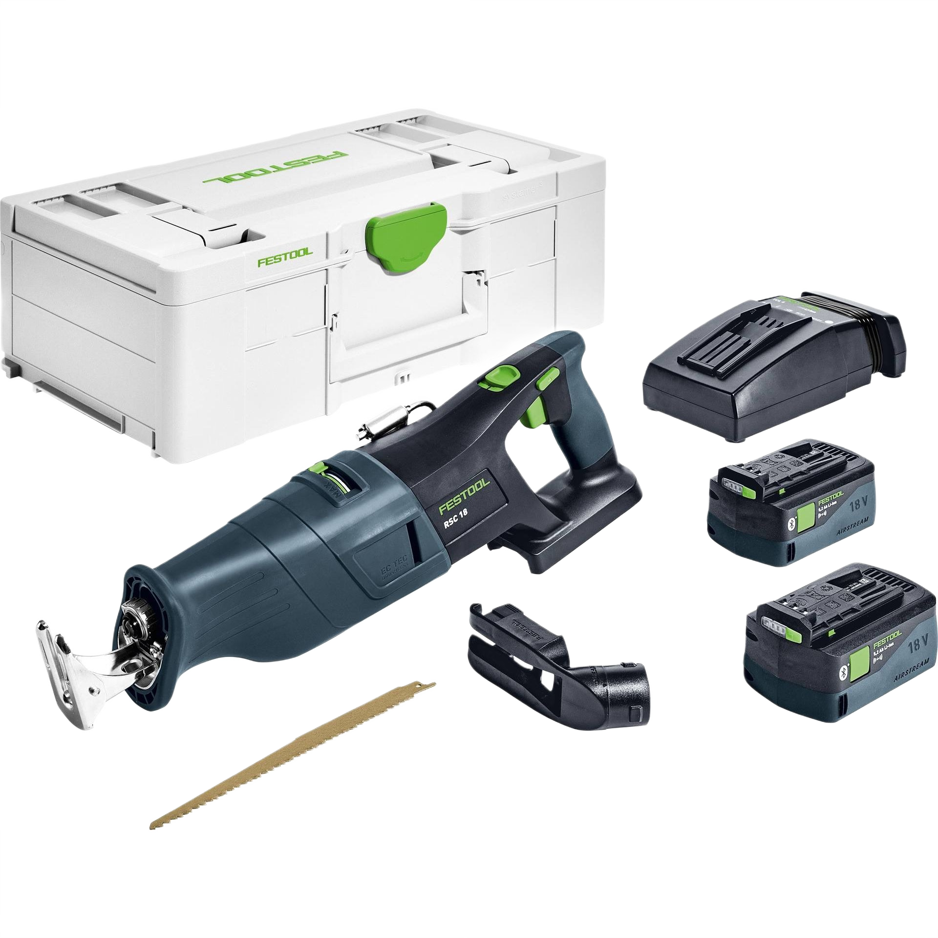 Cordless reciprocating saw kit with brushless motor, two 18V batteries, charger, and carrying case for power tool use.
