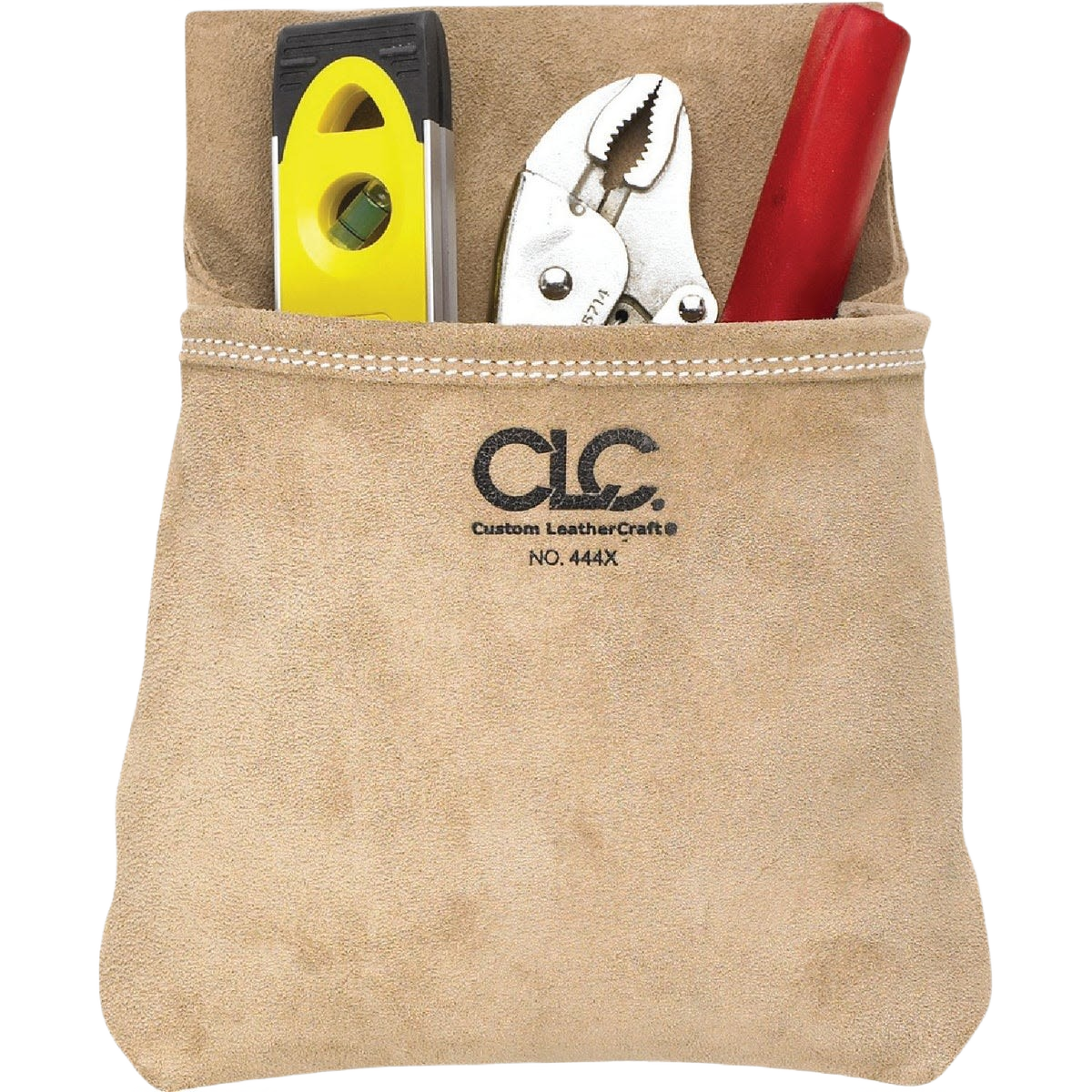 Heavy-duty suede leather single pocket tool bag holding pliers, level, and screwdriver for workshop organization under $50