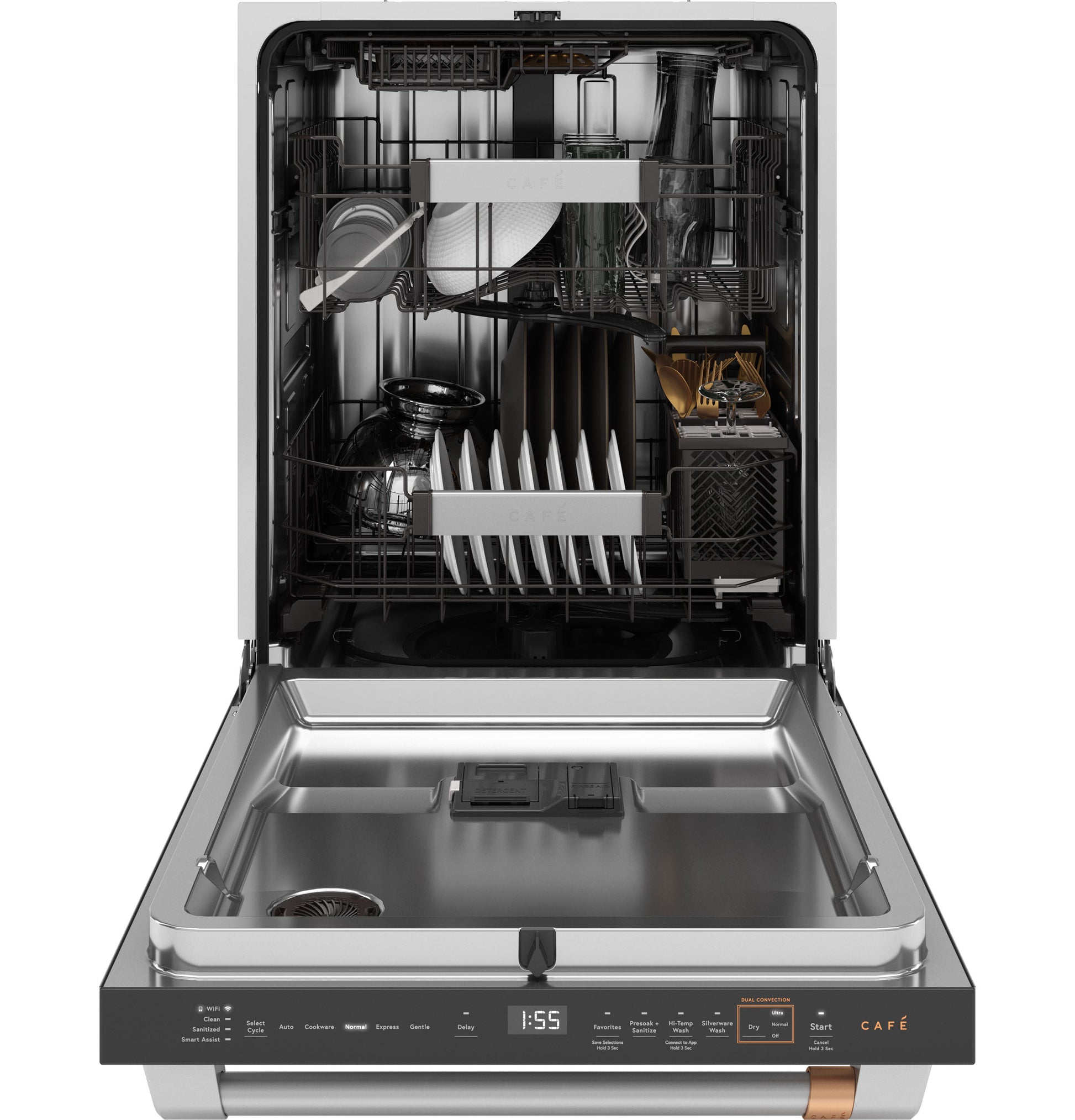 Open built-in stainless steel dishwasher with organized racks and ultra wash top rack in kitchen appliances collection