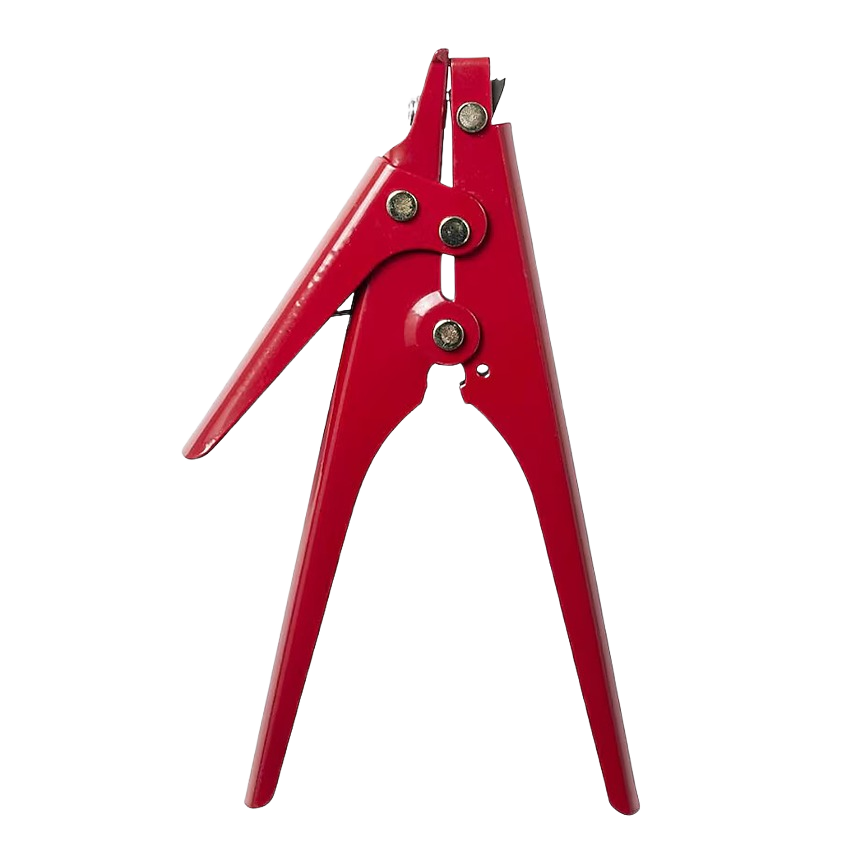 Red metal cable tie tensioning tool with ergonomic handles for electrical and home improvement tool collections under $50