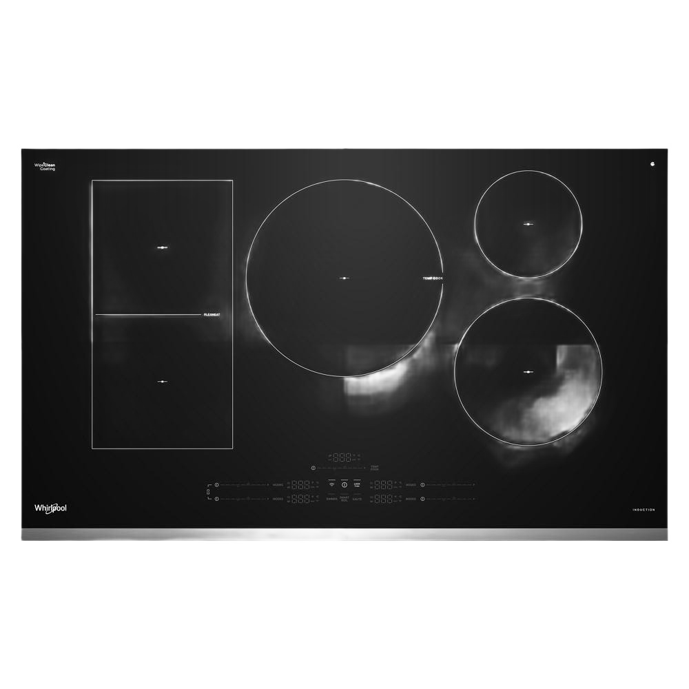 Black induction cooktop with four heating zones, digital controls, and sleek stainless steel trim from Induction Cooktops collection