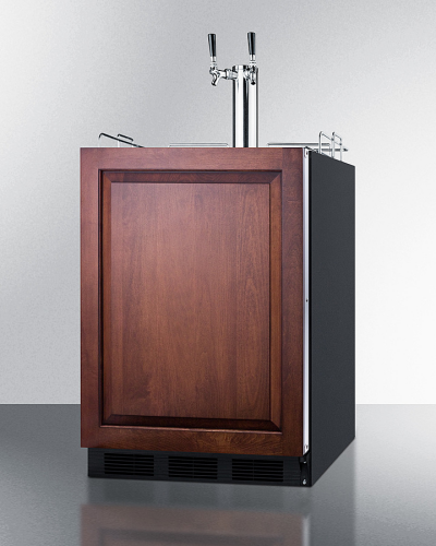 Built-in kegerator with wooden front panel, dual stainless steel taps, and black cabinet from Refrigerators collection