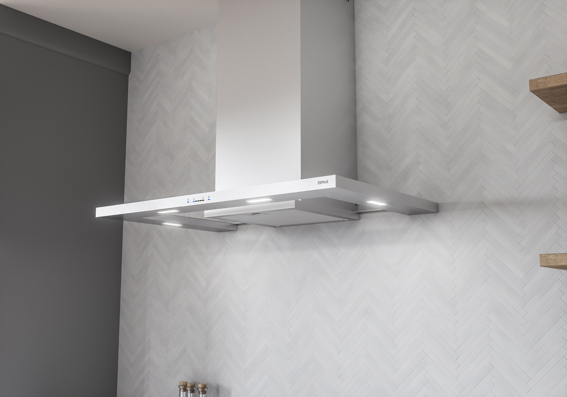 Modern stainless steel chimney range hood with LED lighting mounted on light gray herringbone tile wall in kitchen setting