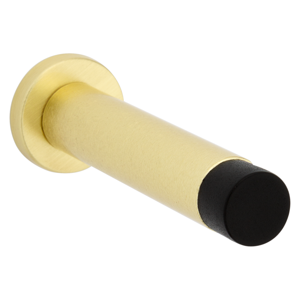 Brushed gold door stop with black tip designed for wall protection in door accessories and home improvement collections