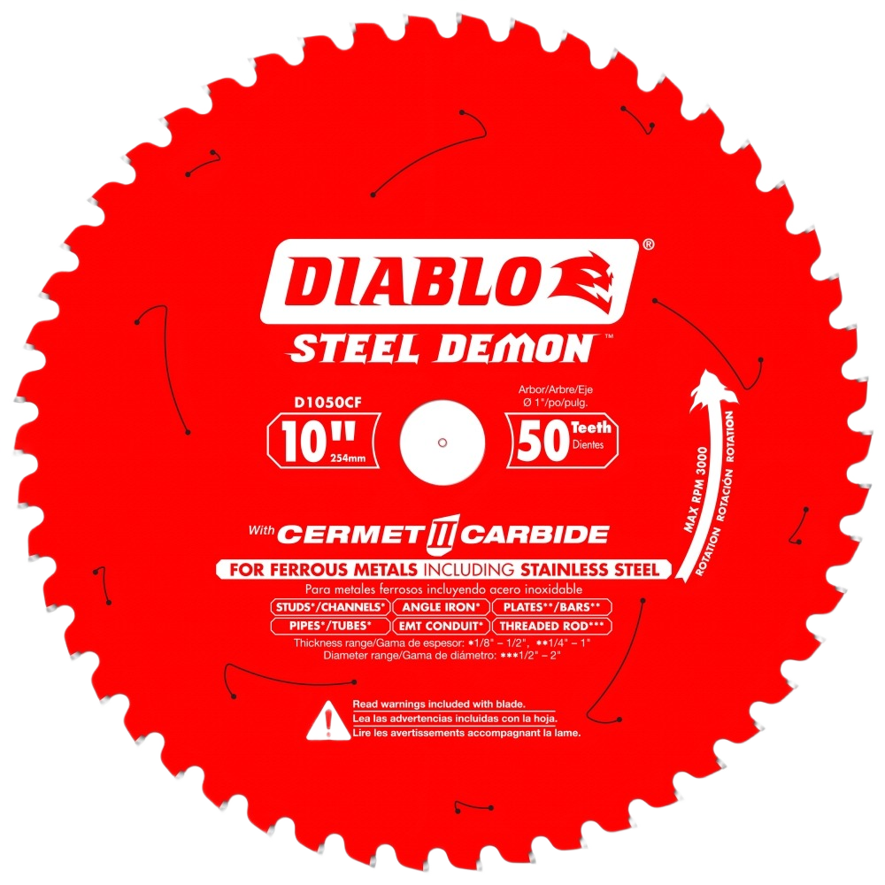Red 10-inch saw blade with 50 teeth designed for cutting ferrous metals, part of woodworking and power tool accessories.