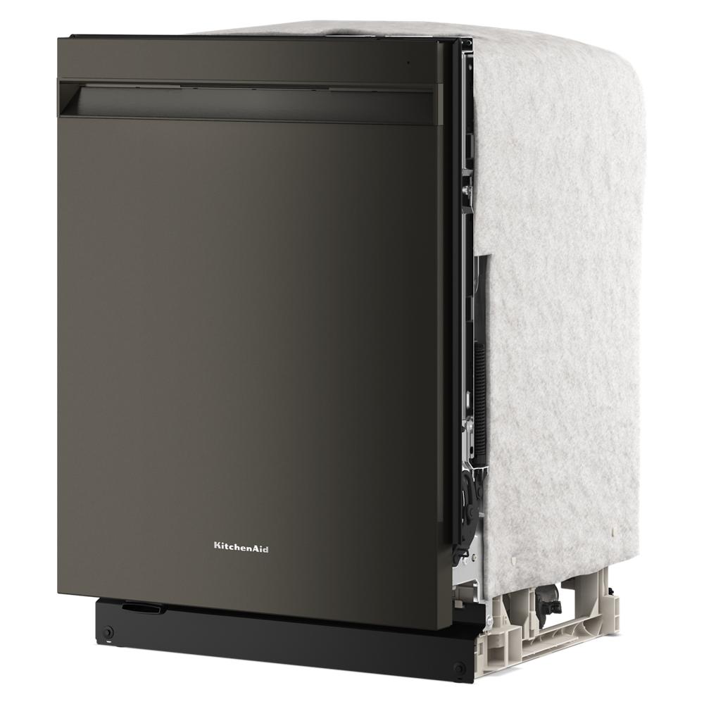 Matte black KitchenAid top control dishwasher with protective insulation covering and modern appliance design from Dishwashers collection