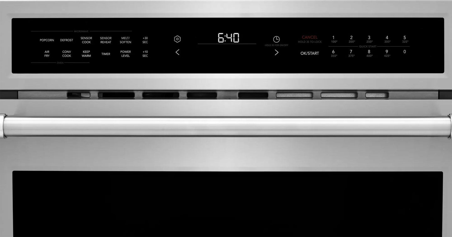 Stainless steel built-in convection microwave with digital touch display and air fry function in kitchen appliances