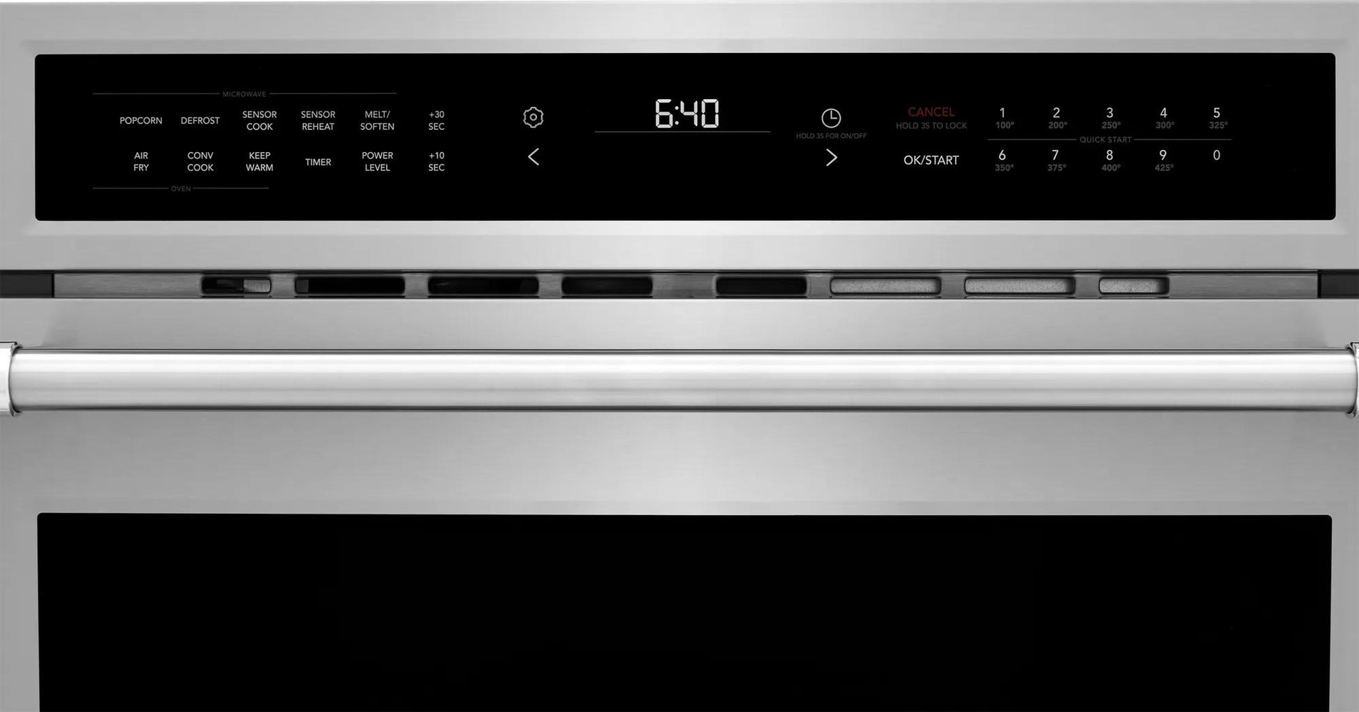 Stainless steel built-in convection microwave with digital touch display and air fry function in kitchen appliances